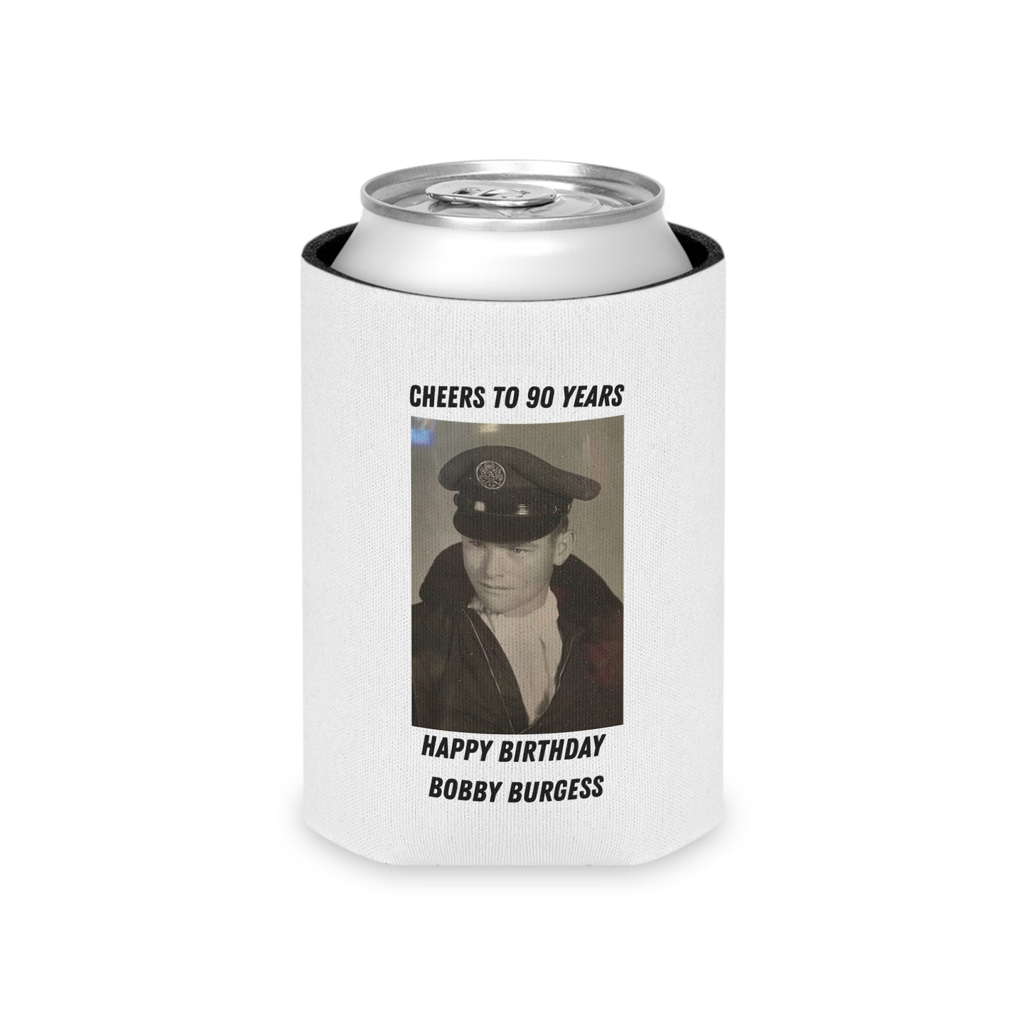 Personalized Can Cooler — "Cheers to 90 Years" Birthday Photo Koozie