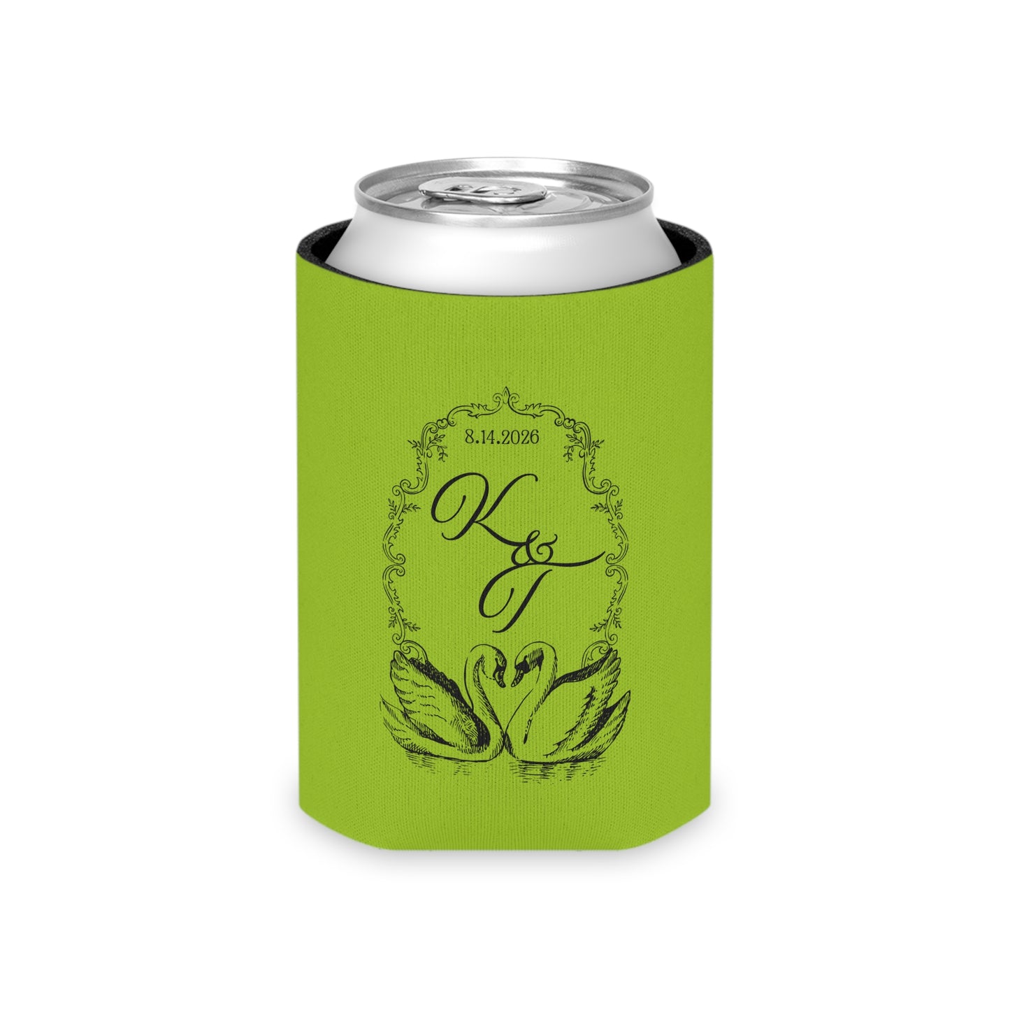 Can Cooler — Personalized Swans Monogram Can Koozie (Wedding/Anniversary)