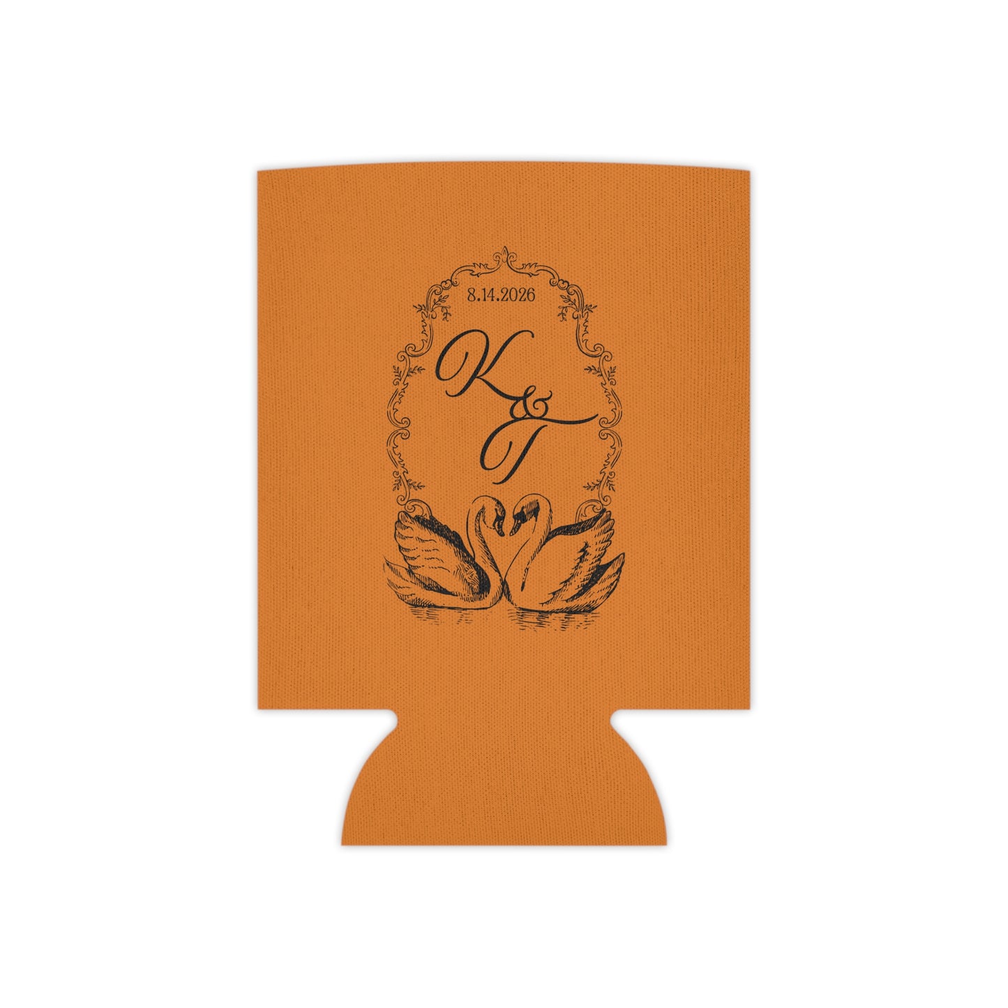 Can Cooler — Monogram Swan Wedding Date Drink Koozie