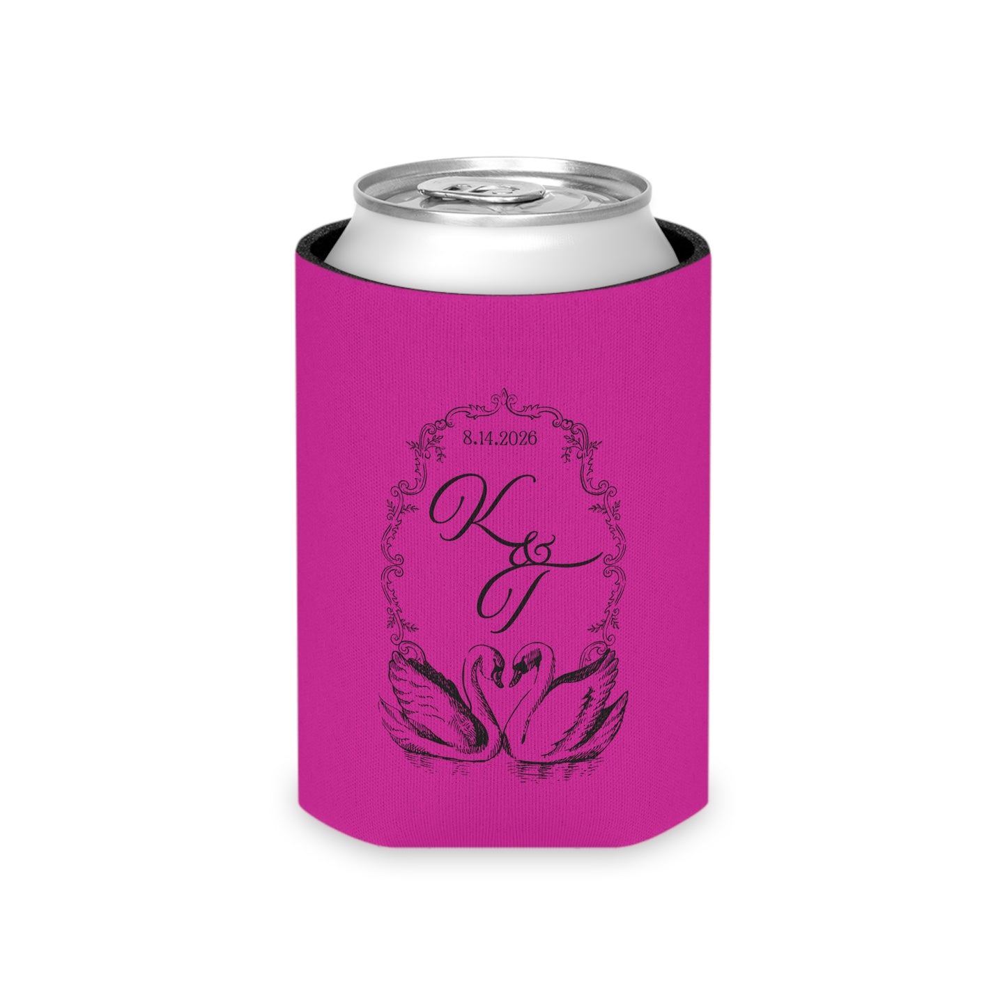Can Cooler — Personalized Swans Monogram K&T Wedding Can Cooler (Custom Date)