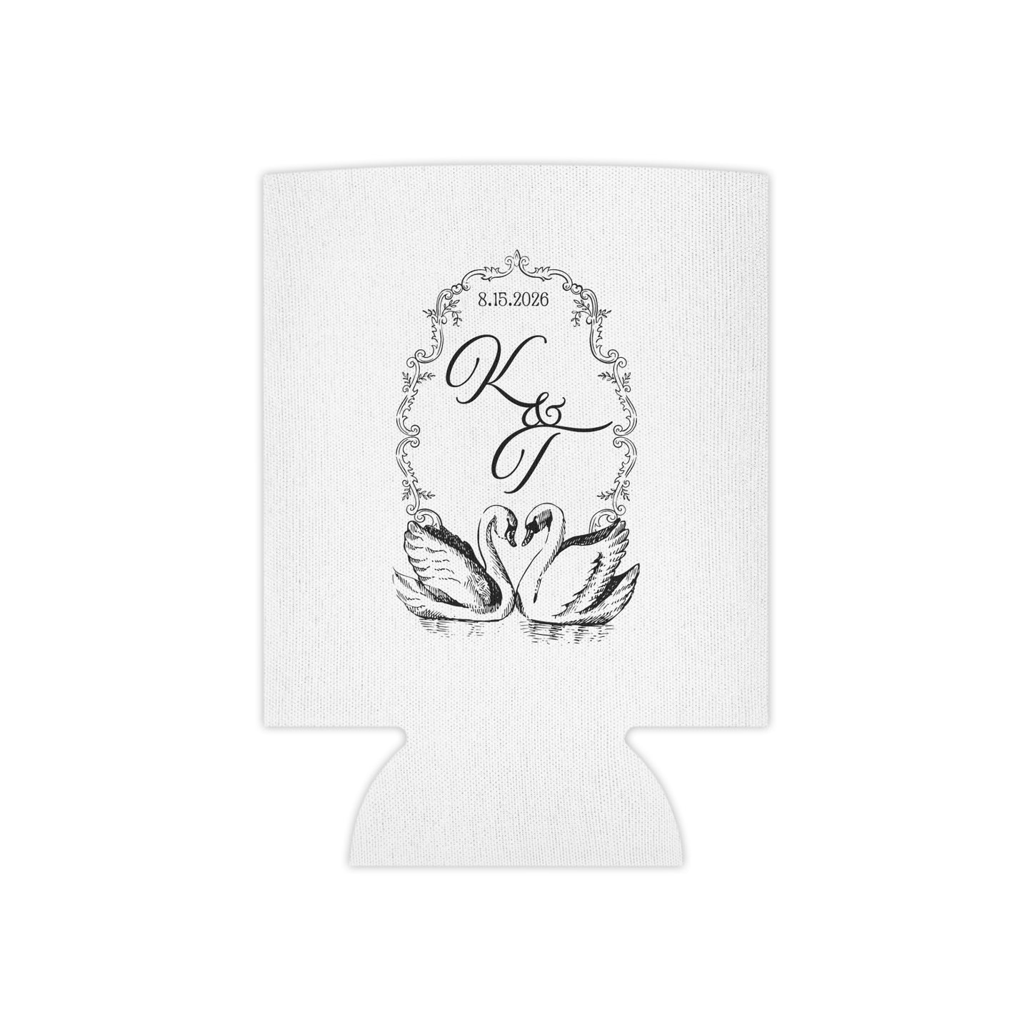 Can Cooler — Monogram Swans Wedding Koozie (Custom Initials & Date)