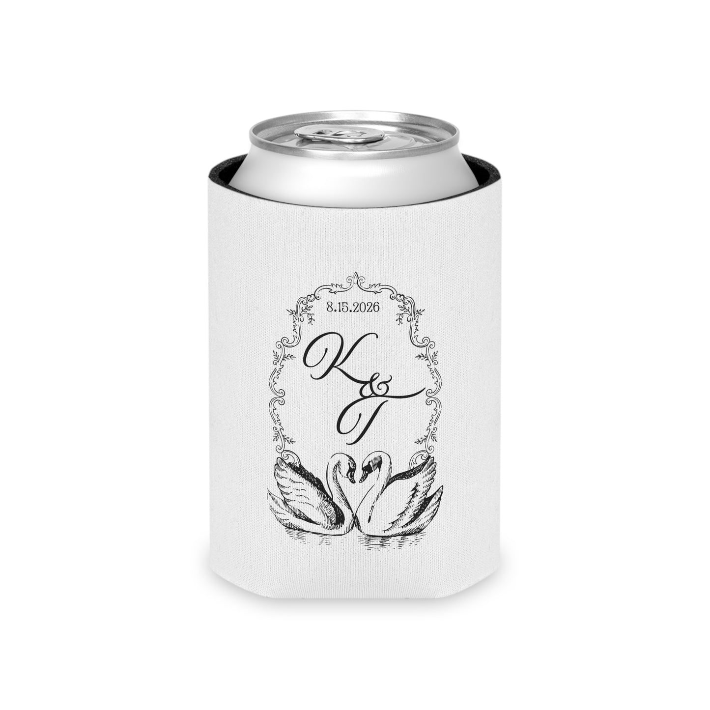 Can Cooler — Monogram Swans Wedding Koozie (Custom Initials & Date)