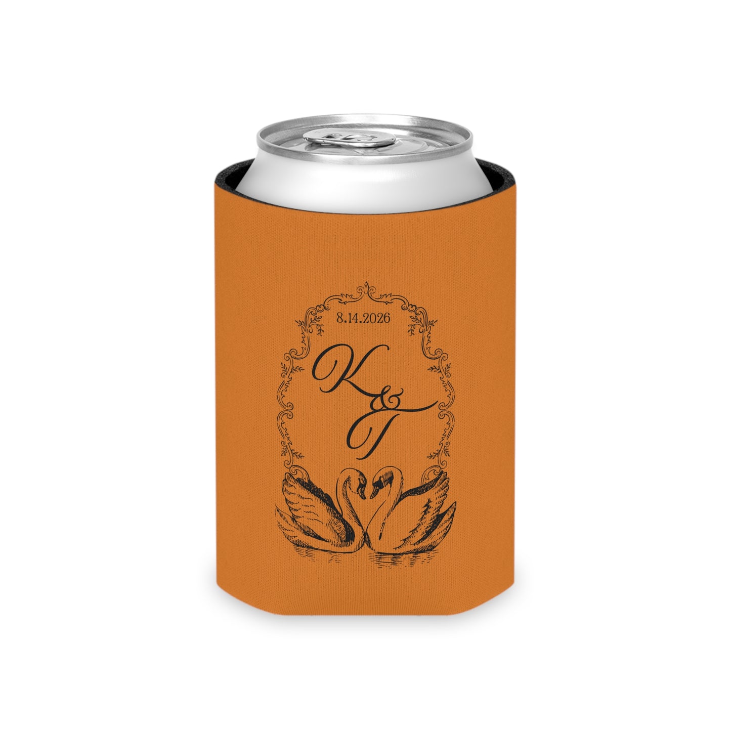 Can Cooler — Monogram Swan Wedding Date Drink Koozie